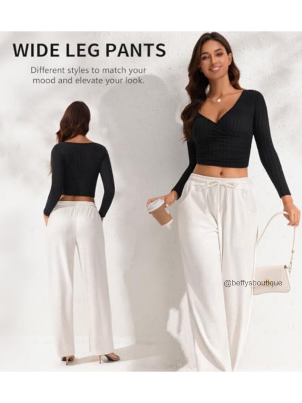Wide Leg Lounge Pants Ribbed Knit Drawstring High Rise Pockets - Picture 2 of 6